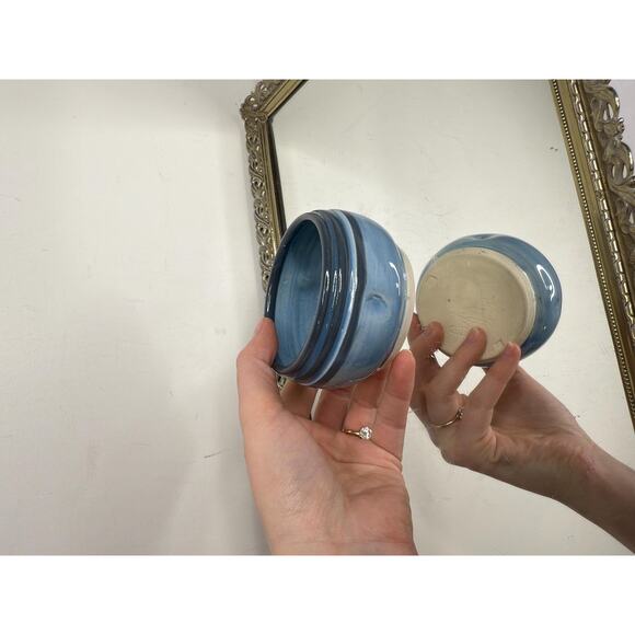 Signed Blue Miniture Pottery Trinket Bowl, Small Blue Pottery Vase - Picture 3 of 8